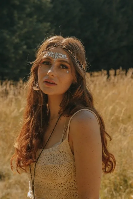 Xander Kostroma Tiger's Eye Crystal Head Chain Festival Headwear – Handmade Gold-Plated Adjustable Headpiece with Healing Crystals, Perfect for Festivals, Boho Style, and Spiritual Wellness